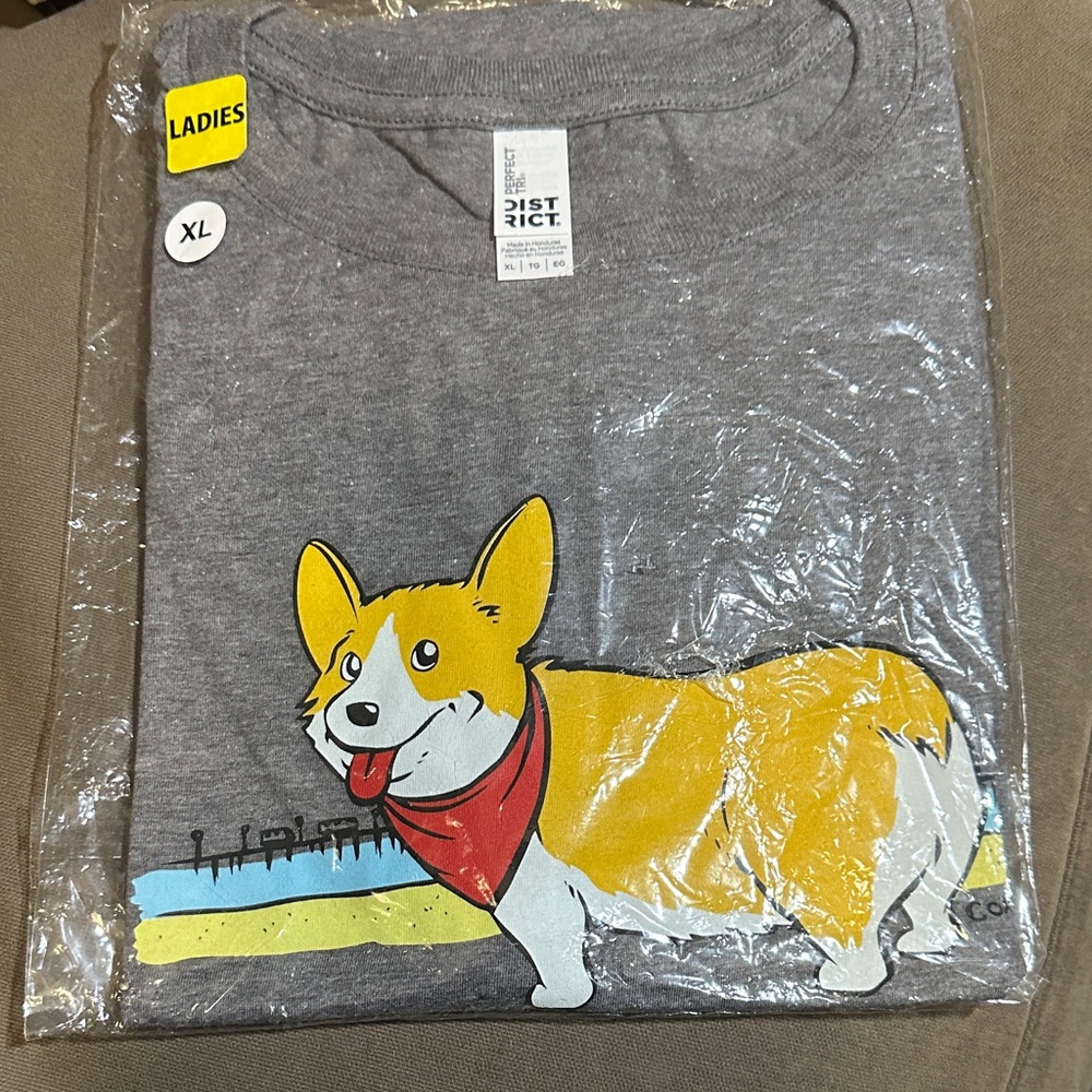 District Gray T-Shirt with Corgi and Red Bandana